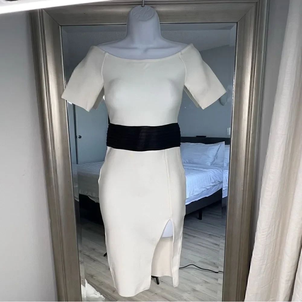 AZAI Black Faux Belted Bandage Midi Dress.    Size S